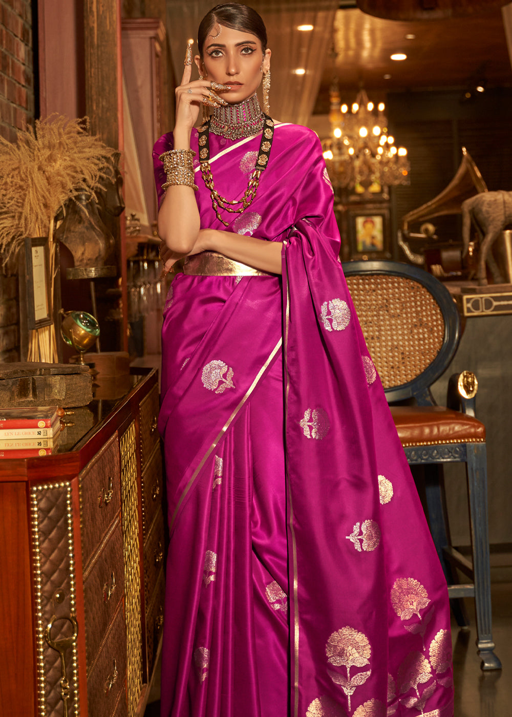 Jazzberry Jam Purple Woven Banarasi Satin Silk Saree