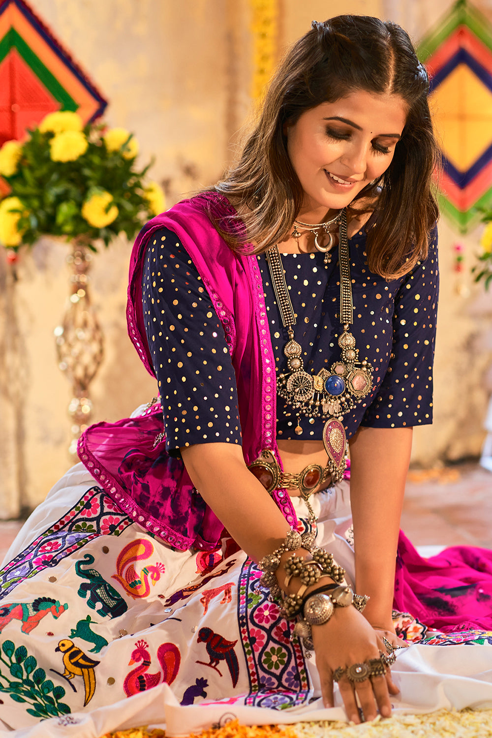 Swirl White Blue and Pink Lehenga Choli