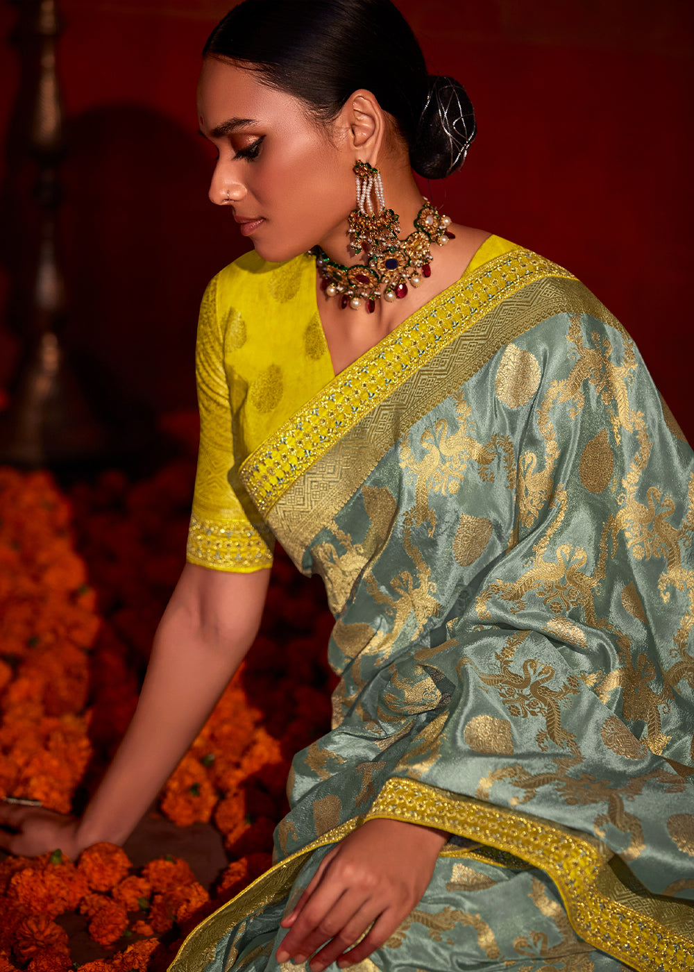 Pewter Blue Woven Banarasi Georgette Silk Saree