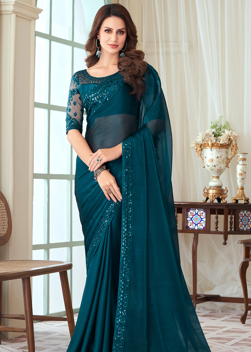 Cyprus Blue Designer Embroidered Satin Silk Saree