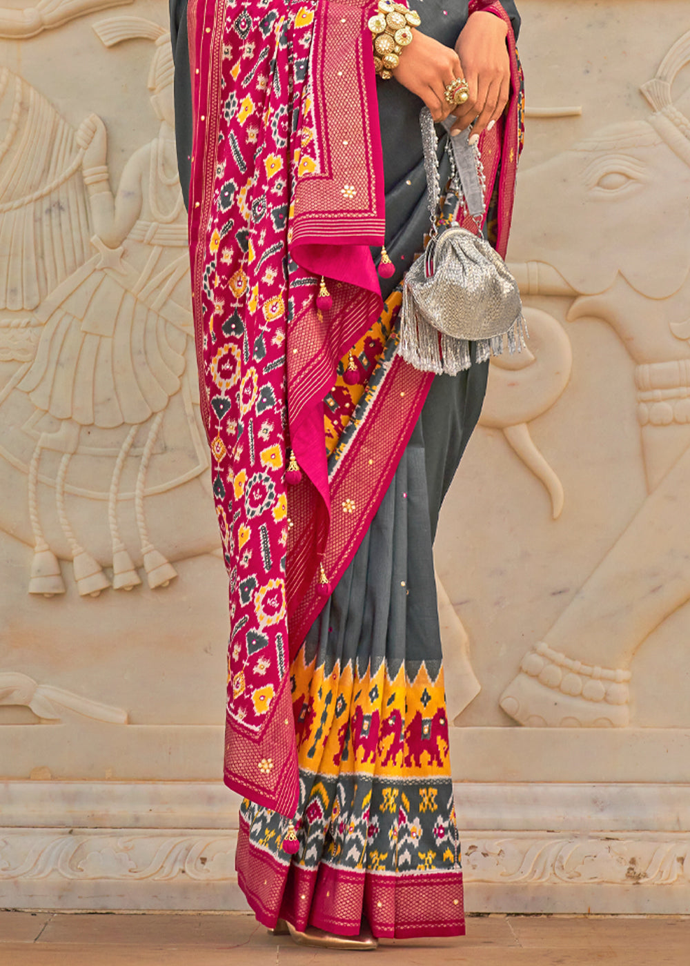 Scarpa Flow Grey and Pink Woven Patola Silk Saree