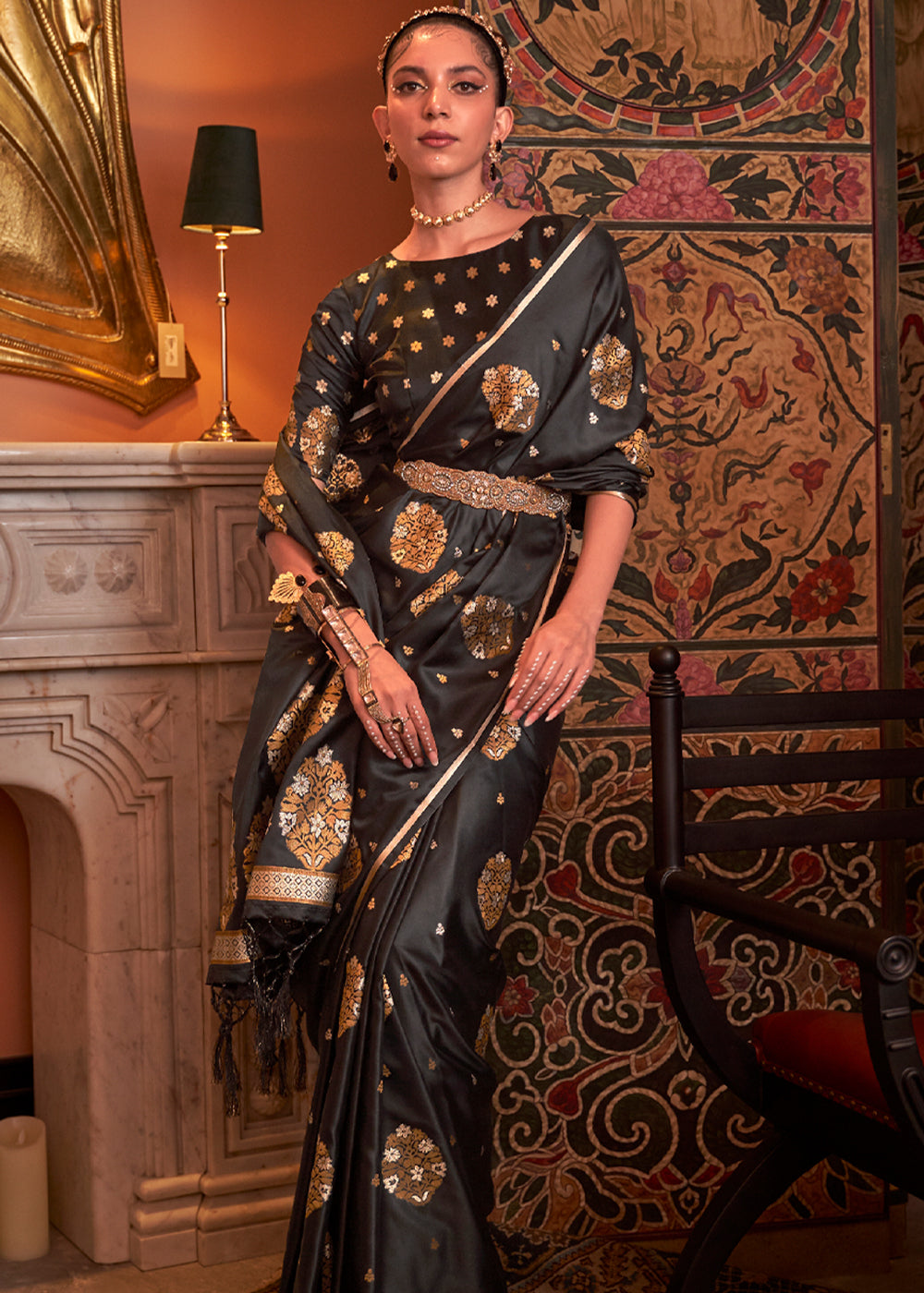 English Walnut Black Woven Satin Silk Saree