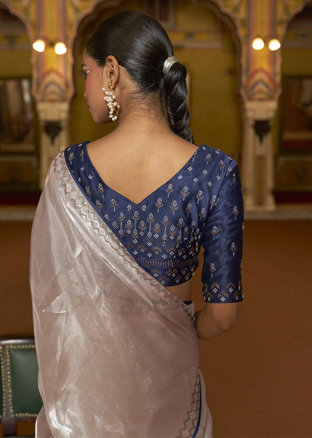 Oyster Cream Organza Woven Silk Saree