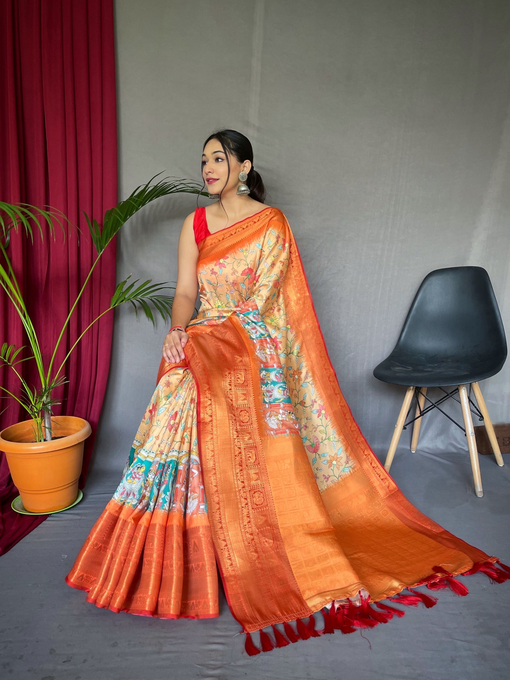 Atomic Tangerine Orange Kalmkari Saree