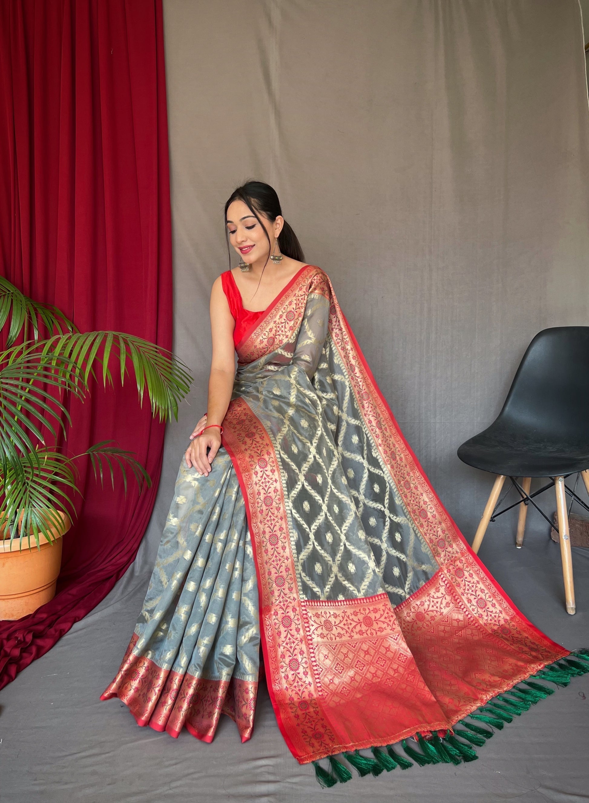 Ash Grey Woven Banarasi Organza Silk Saree