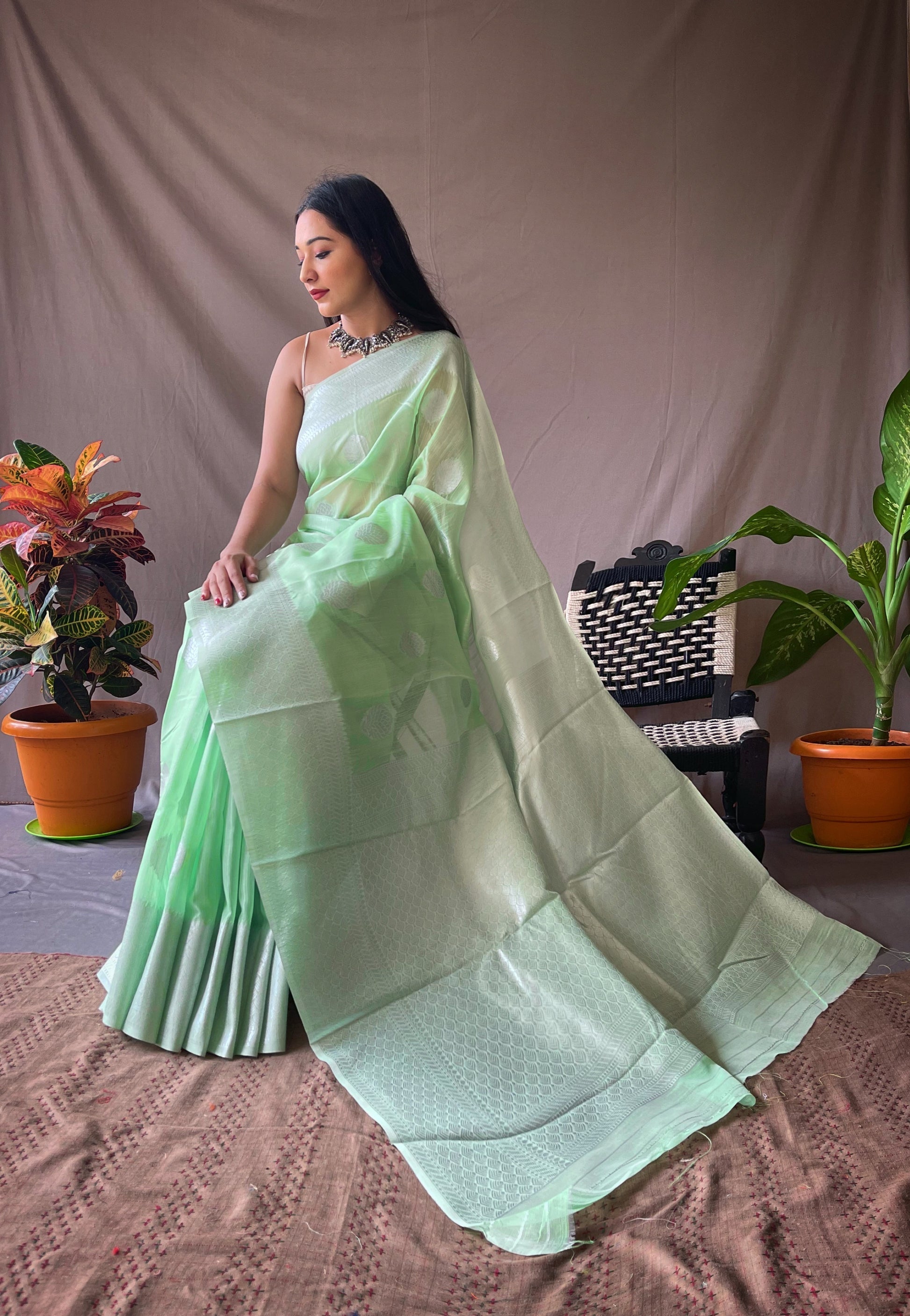 Green Pearl Linen Silver Zari Woven Saree