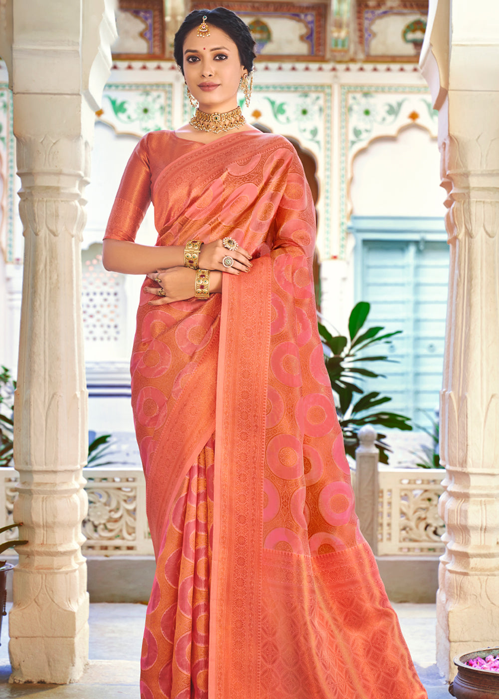 Bittersweet Peach Woven Banarasi Organza Silk Saree