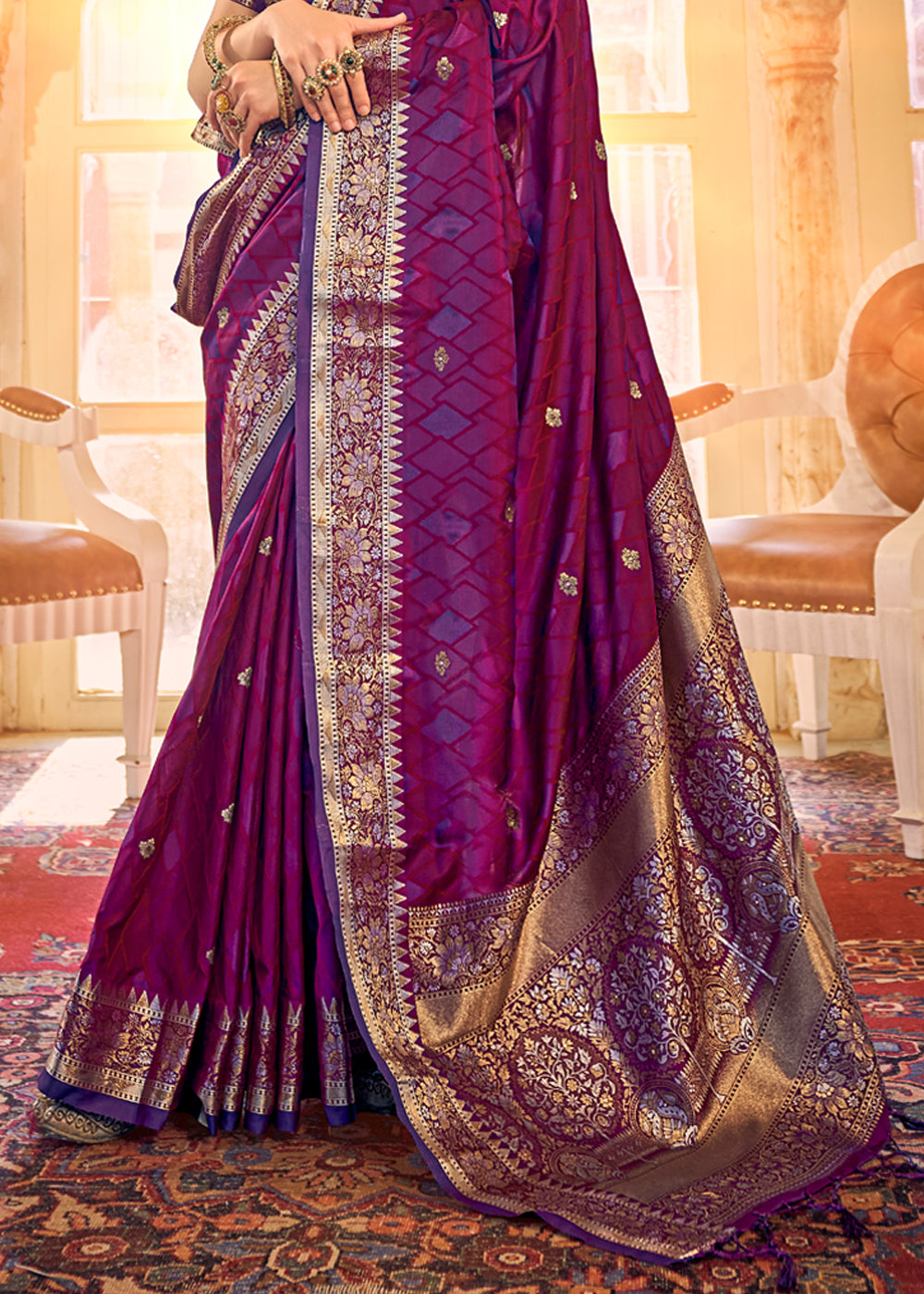 Mulberry Wood Purple Woven Banarasi Satin Silk Saree