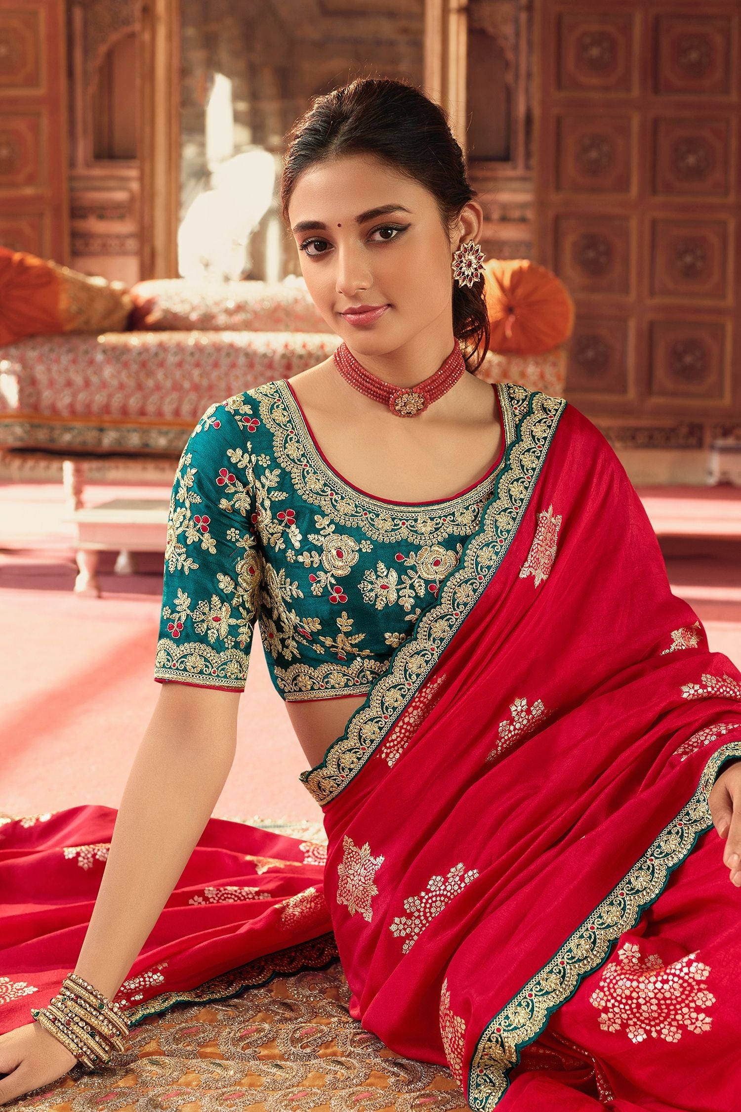 Rusty Red Organza Woven Silk Saree with Peacock Motifs