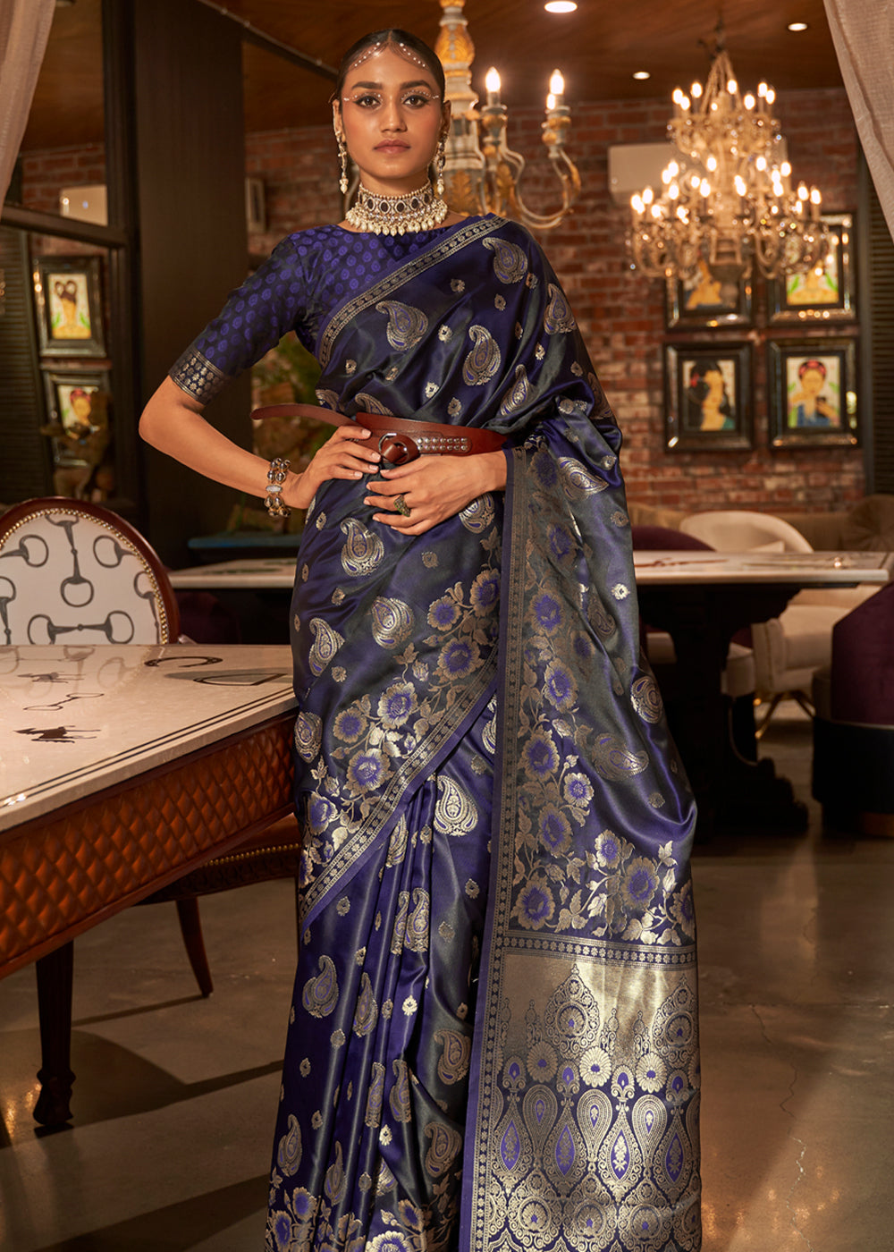 Mulled Wine Blue Banarasi Woven Satin Silk Saree