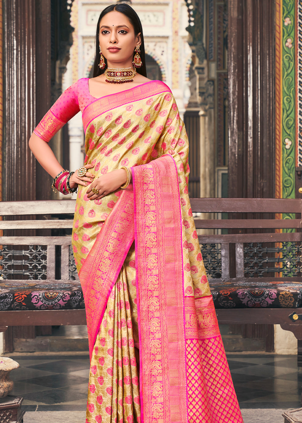 Drover Yellow and Pink Woven Kanjivaram Silk Saree