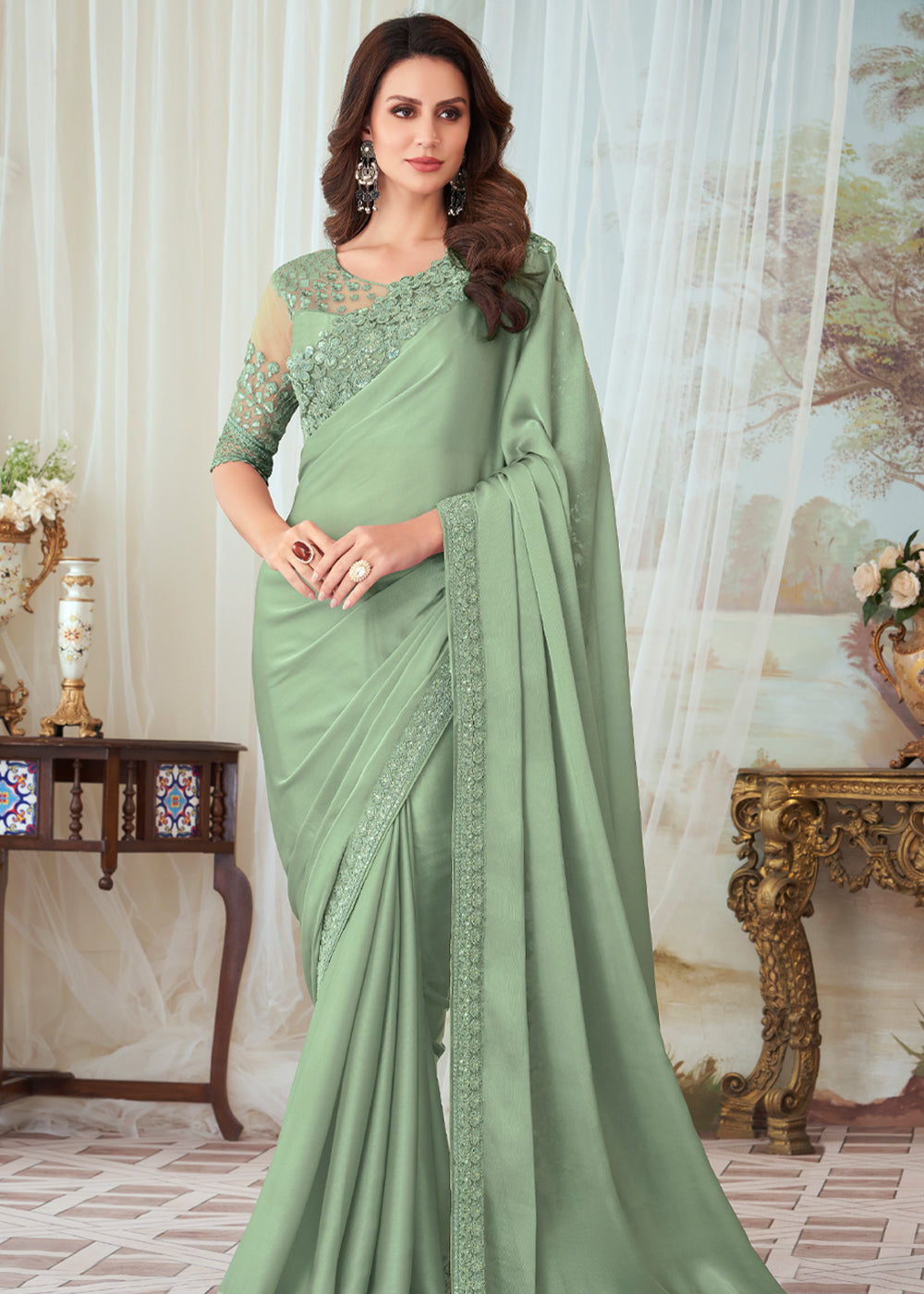 Norway Green Woven Satin Silk Saree