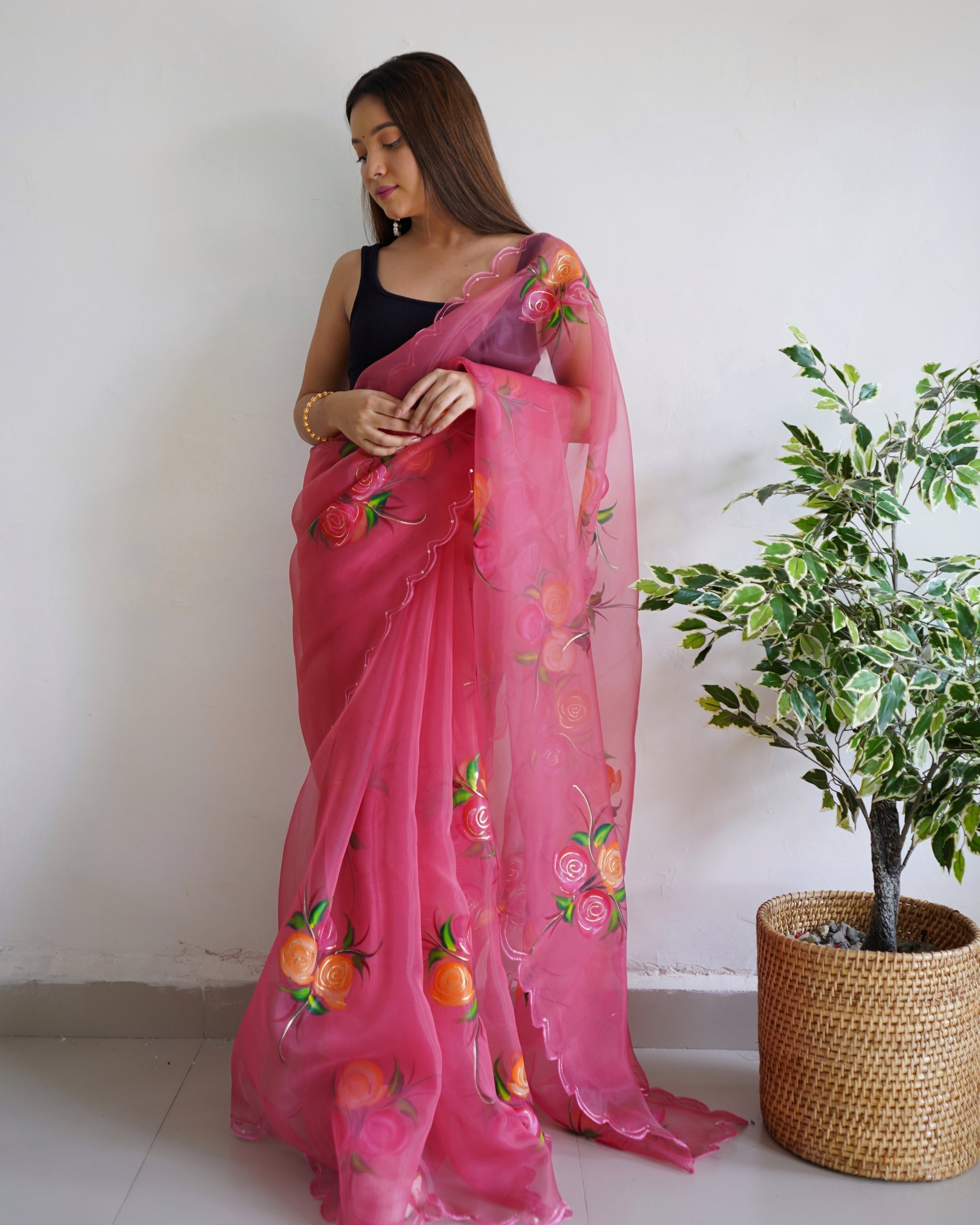 Hopbush Purple Organza Printed Floral Saree