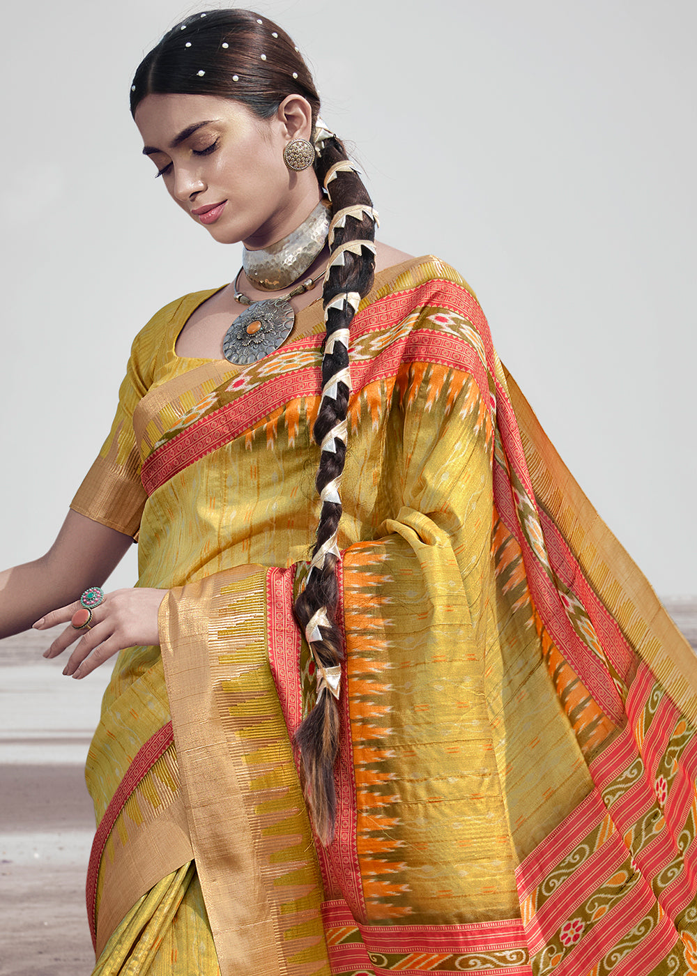 Equator Yellow Printed Designer Silk Saree