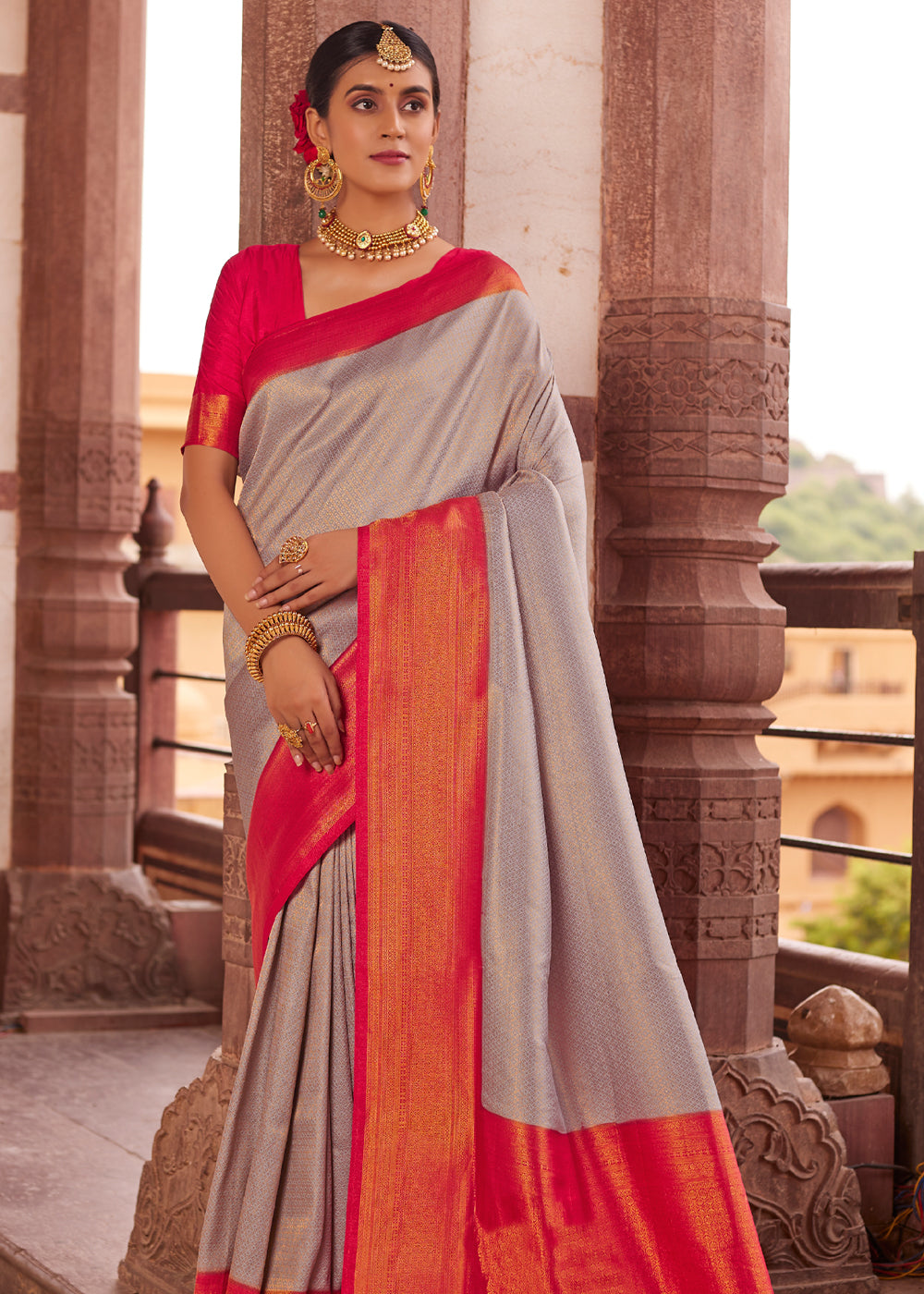 Akaroa Grey and Red Woven Kanjivram Silk Saree