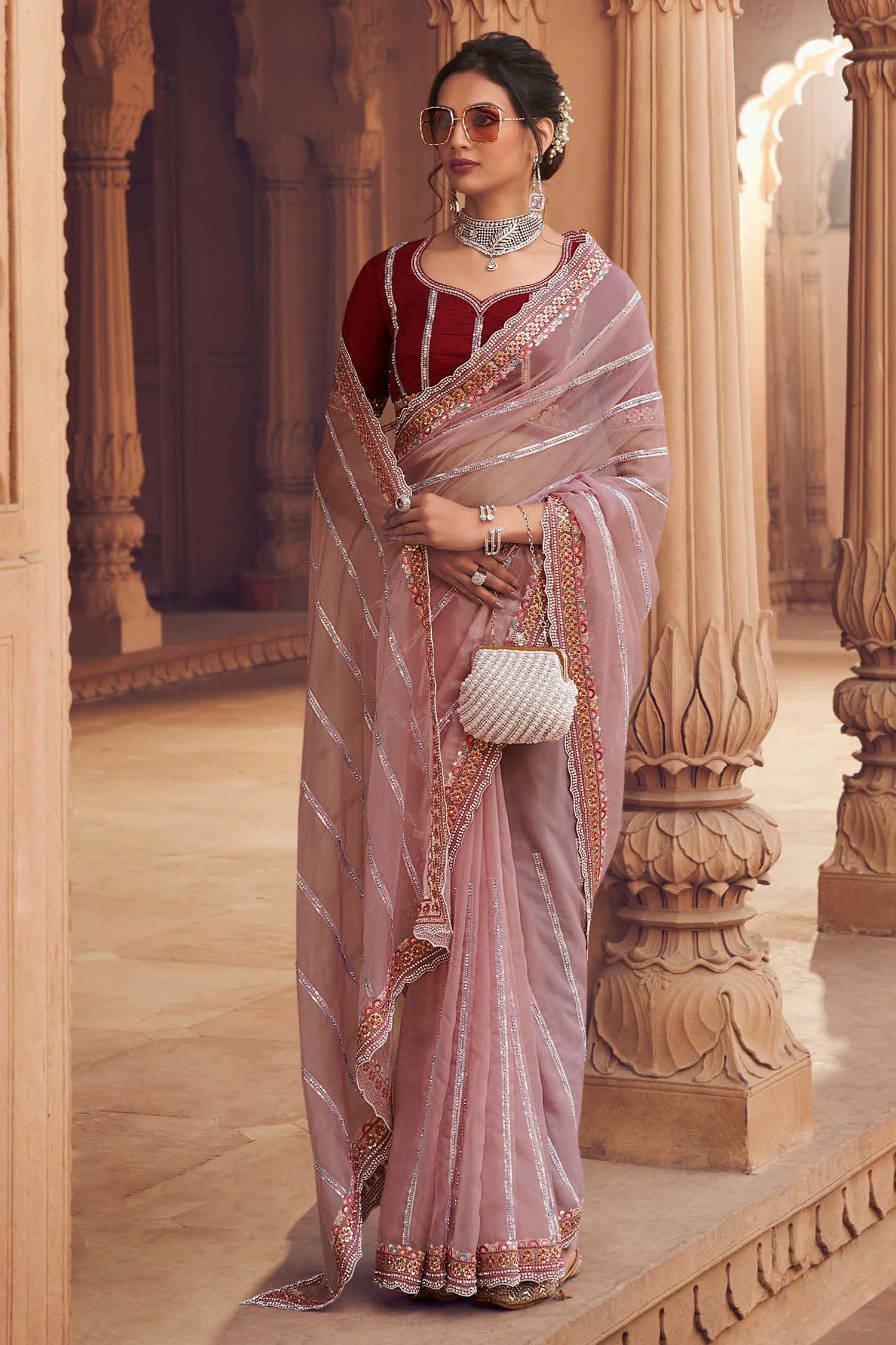 Coral Tree Pink Organza Silk with Embroidered Designer Saree