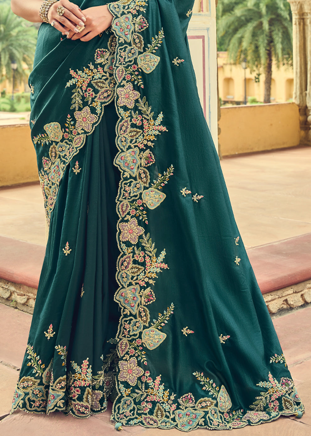 Firefly Green Designer Embroidered Satin Silk Saree