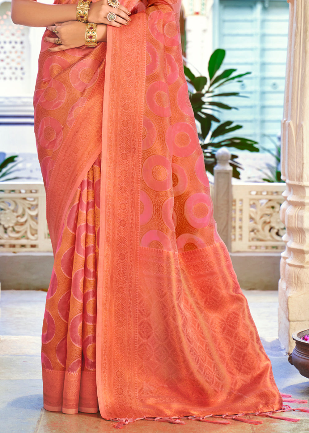 Bittersweet Peach Woven Banarasi Organza Silk Saree