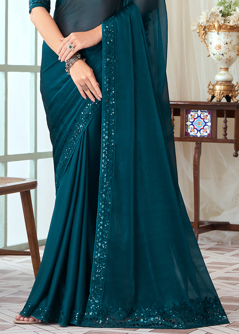 Cyprus Blue Designer Embroidered Satin Silk Saree