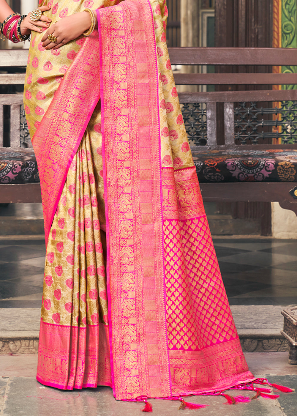 Drover Yellow and Pink Woven Kanjivaram Silk Saree