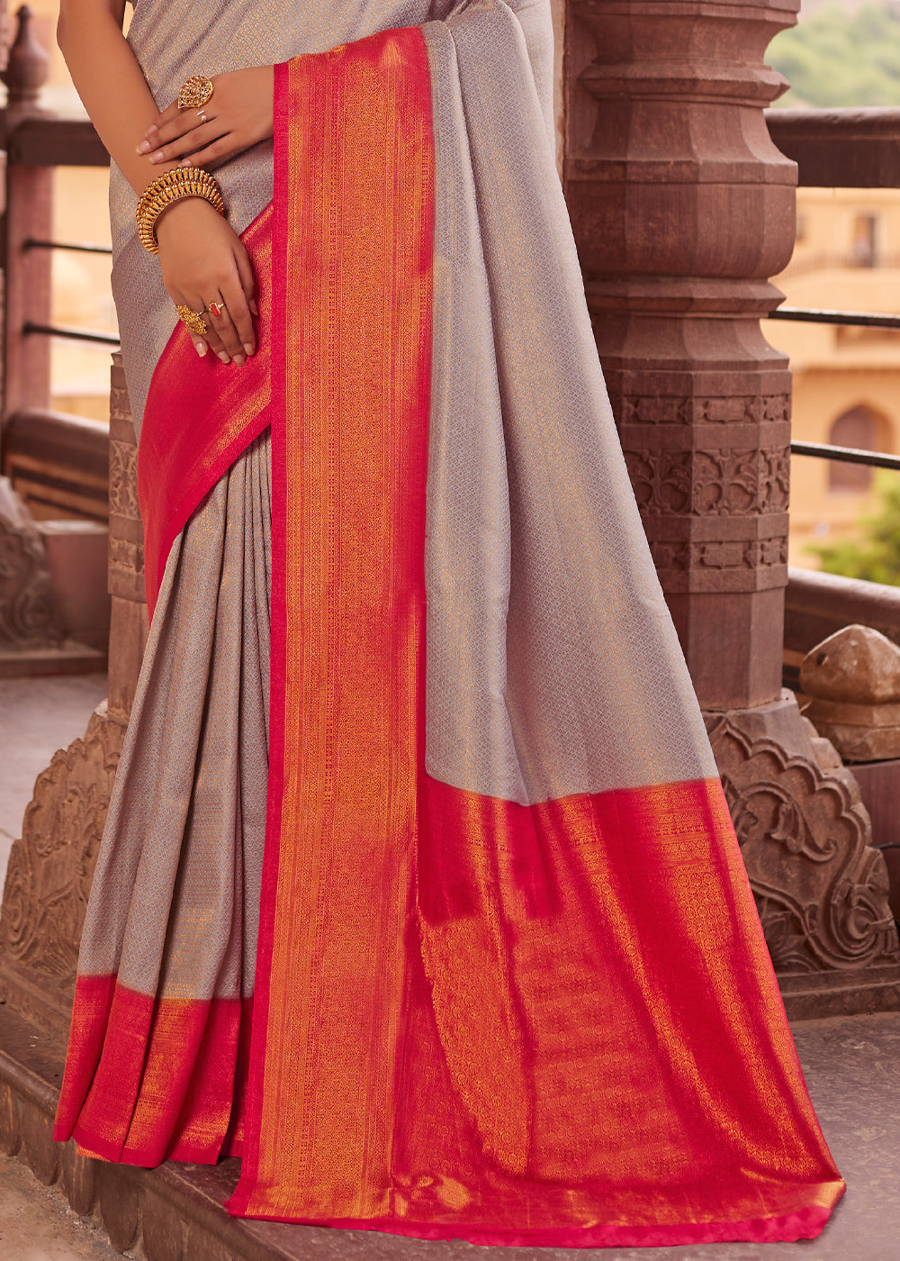 Akaroa Grey and Red Woven Kanjivram Silk Saree