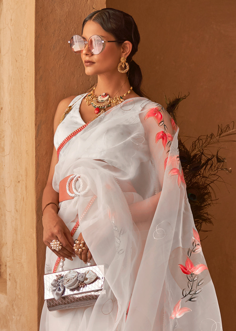 Foggy Grey Digital Print Organza Saree