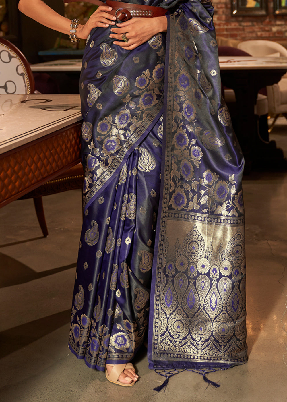 Mulled Wine Blue Banarasi Woven Satin Silk Saree