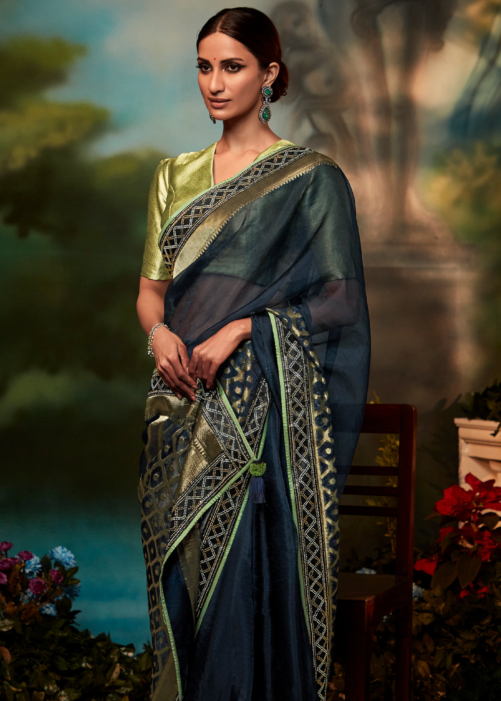 Woodsmoke Blue Woven Designer Organza Silk Saree