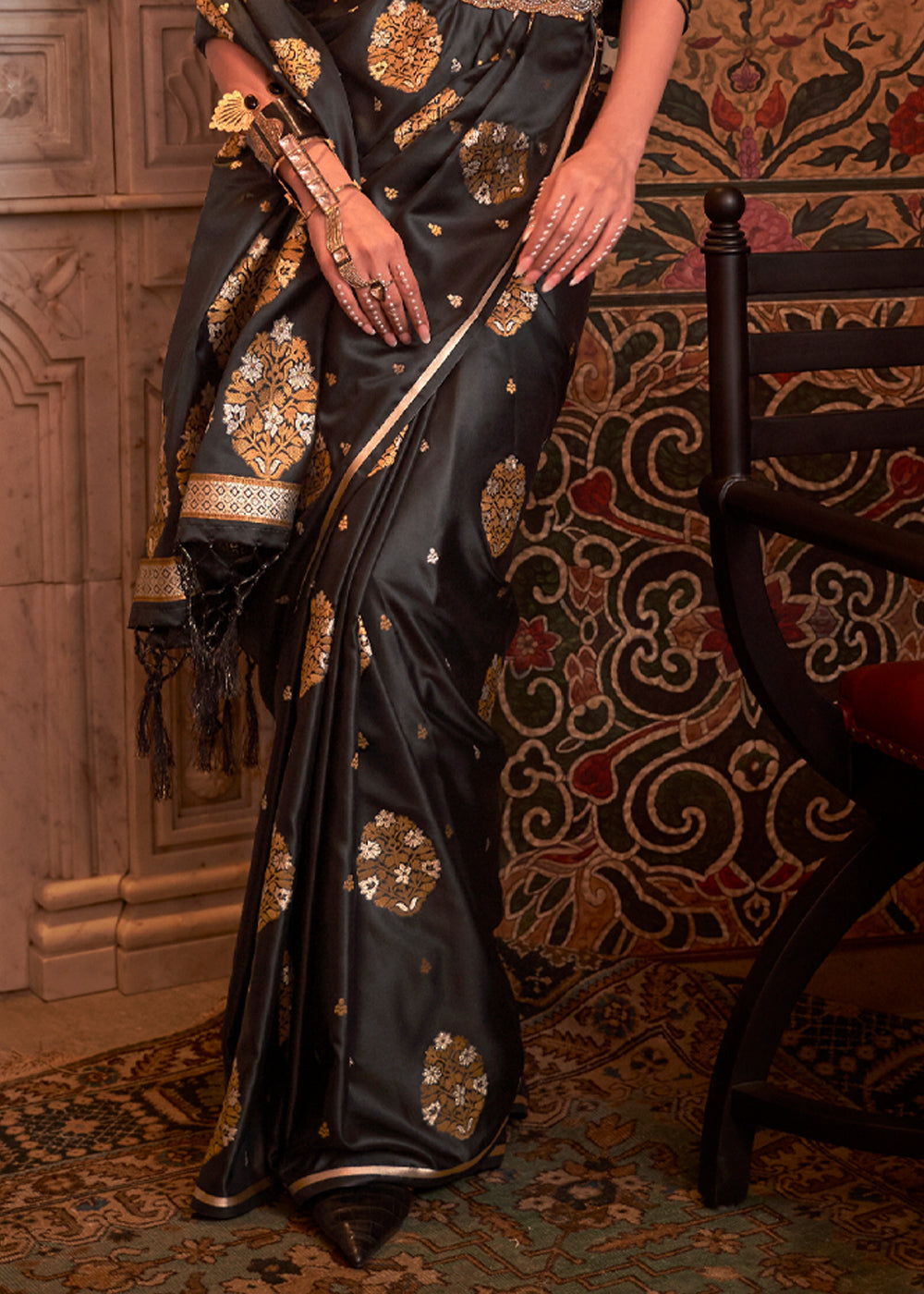 English Walnut Black Woven Satin Silk Saree