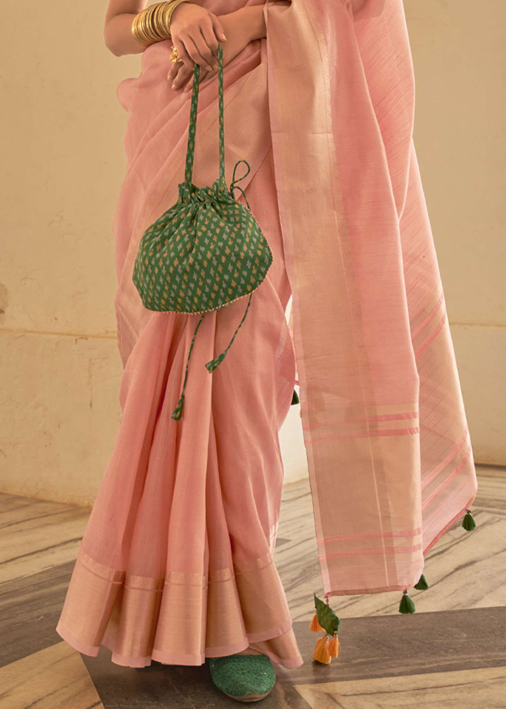 Wax Flower Pink and Green Organza Silk Saree