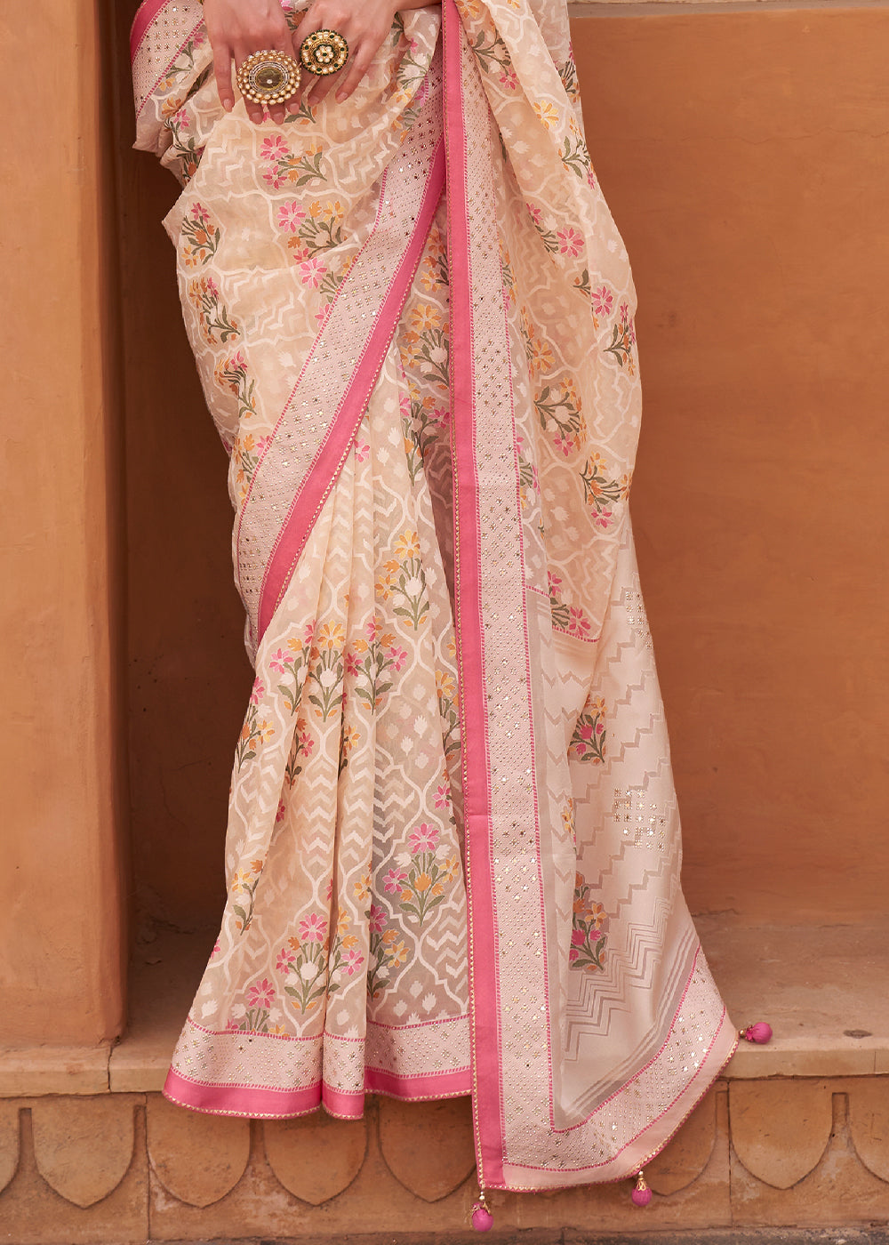 Shilo Pink and Ivory Patola Printed Tissue Silk Saree