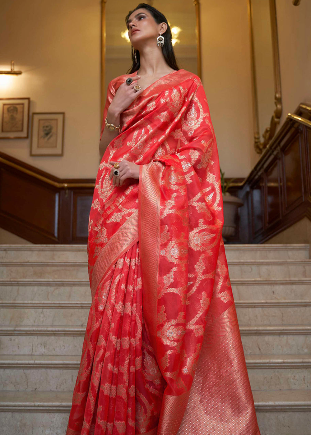 Poppy Red Woven Organza Banarasi Silk Saree