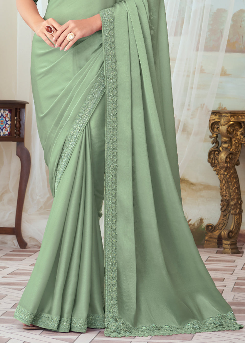 Norway Green Woven Satin Silk Saree