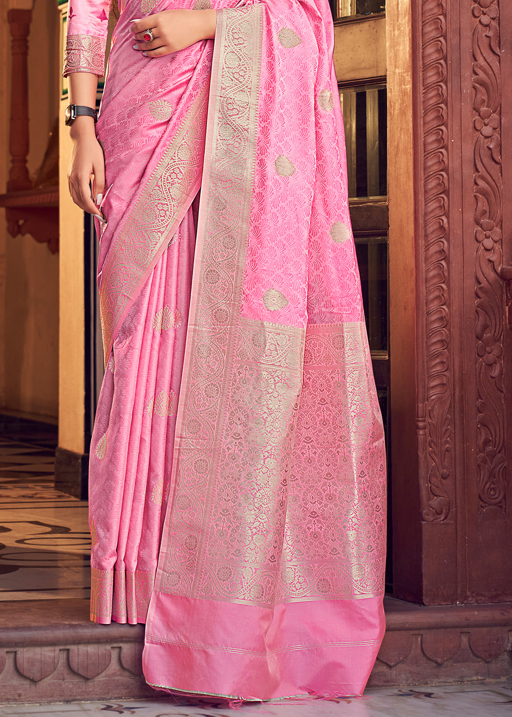 Pink Sherbert Banarasi Woven Satin Silk Saree