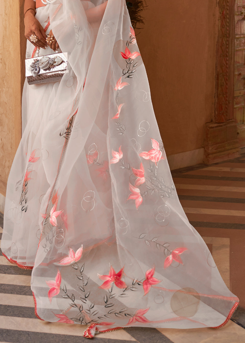 Foggy Grey Digital Print Organza Saree