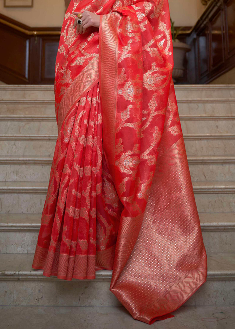 Poppy Red Woven Organza Banarasi Silk Saree