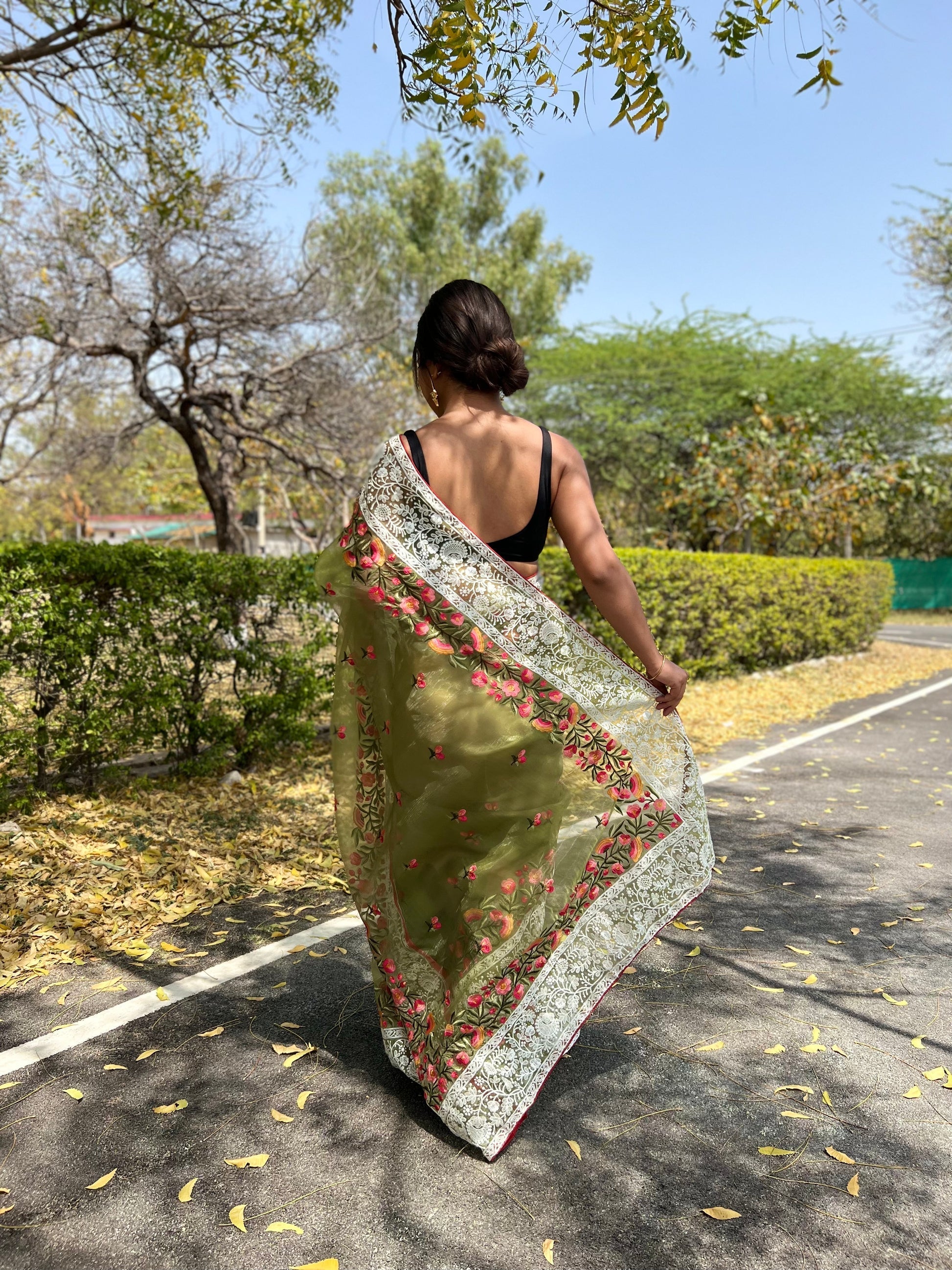 Willow Green Lucknowi Chikankari Organza Silk Saree