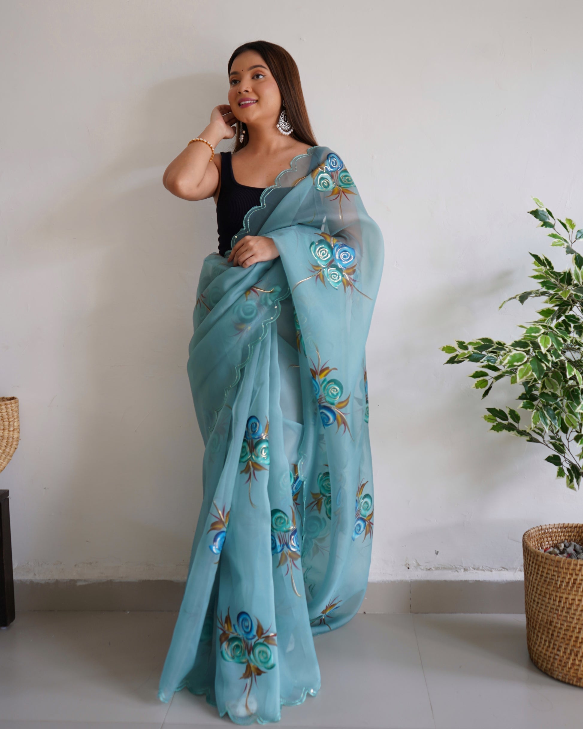 Glacie Blue Organza Printed Floral Saree