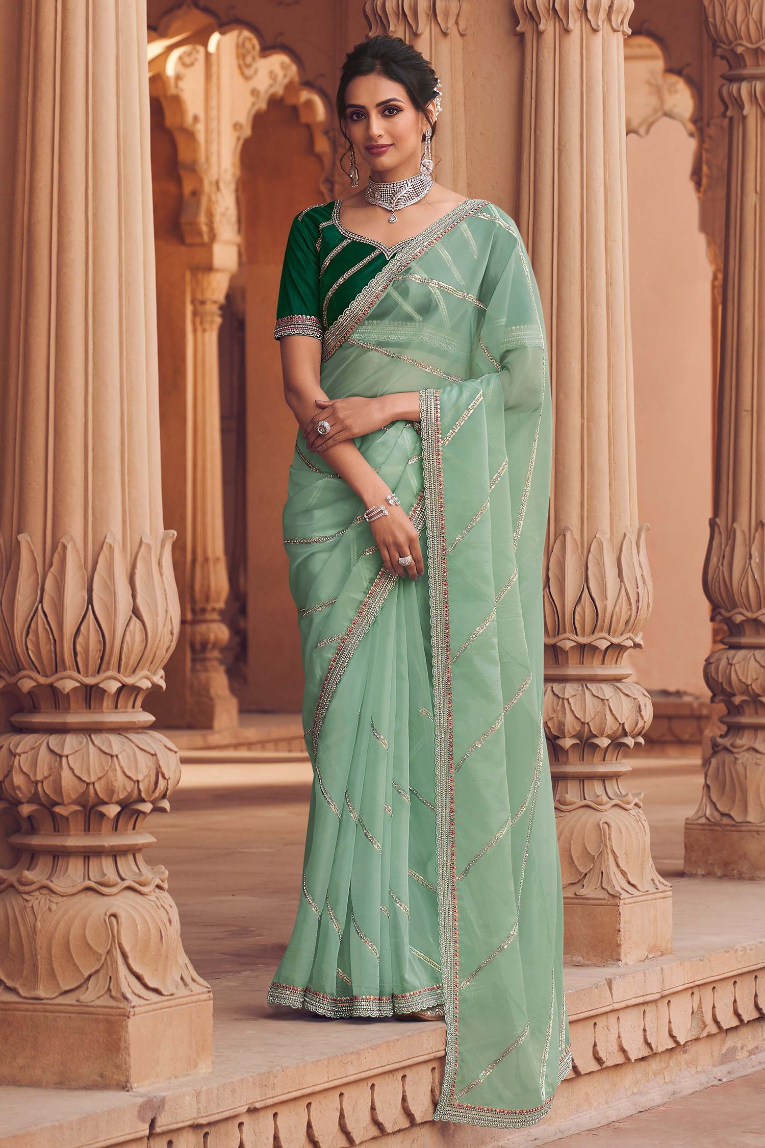 Summer Green Organza Silk with Embroidered Designer Saree