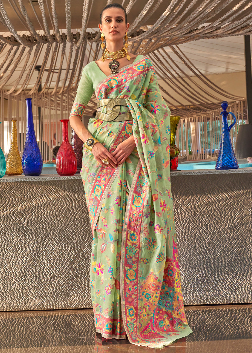 Misty Moss Green Jamewar Kashmiri Cotton Silk Saree