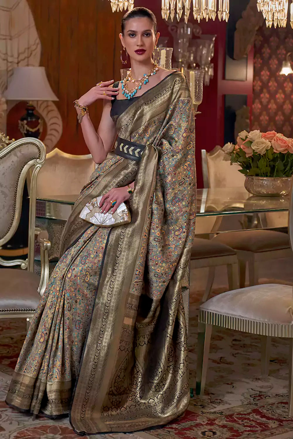 Smoke grey and Golden Kashmiri Jamewar Silk Saree