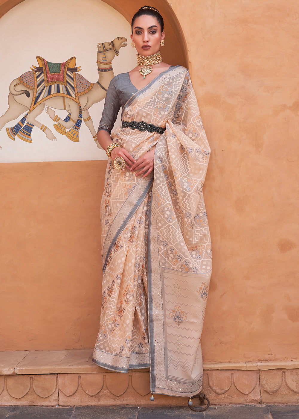 Cashmere Peach Patola Printed Tissue Silk Saree