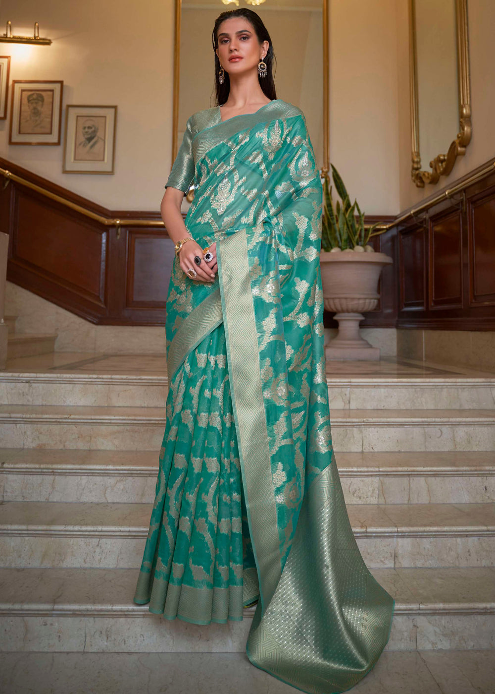 Eucalyptus Blue Woven Organza Banarasi Silk Saree