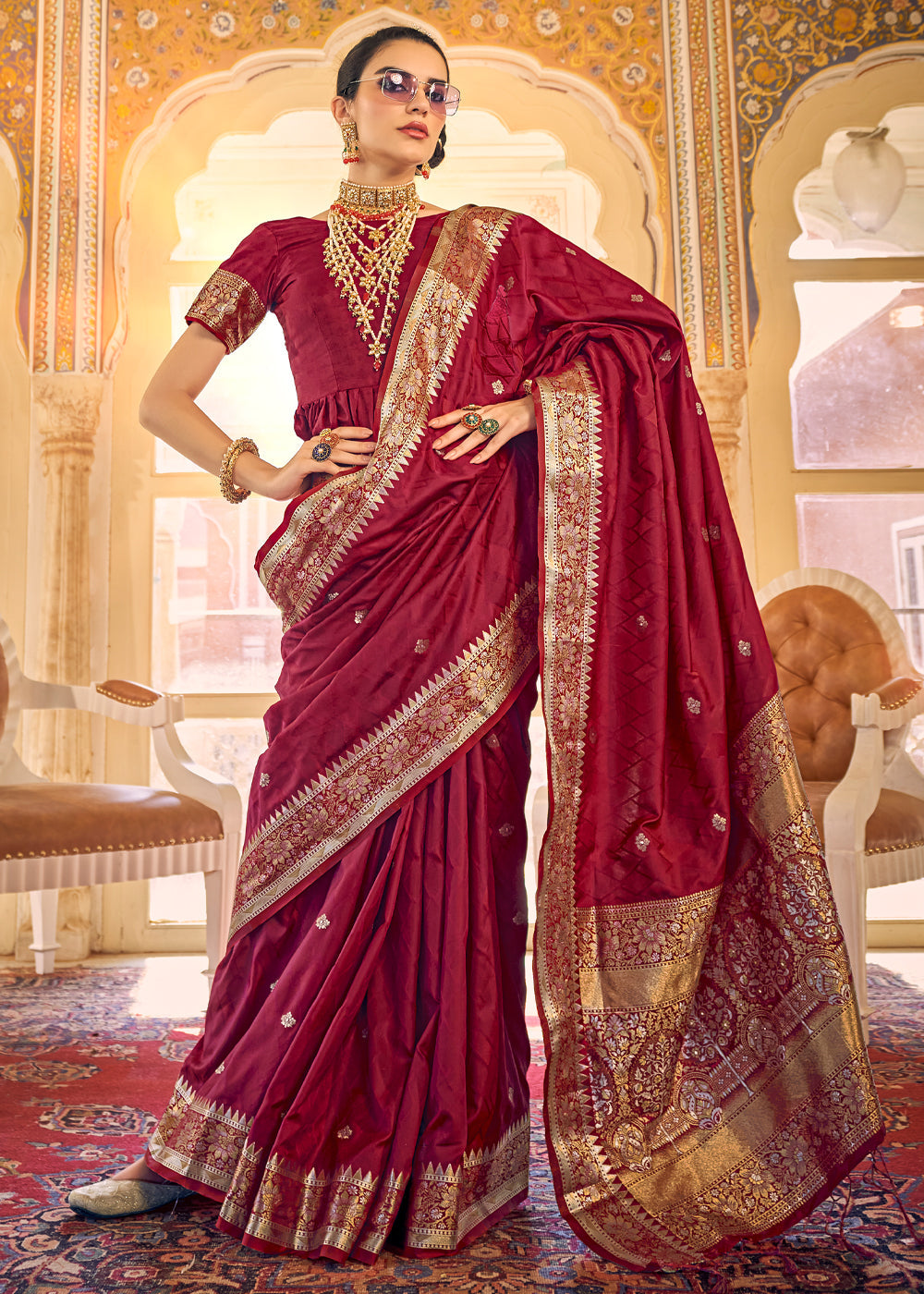 Claret Maroon Woven Banarasi Satin Silk Saree