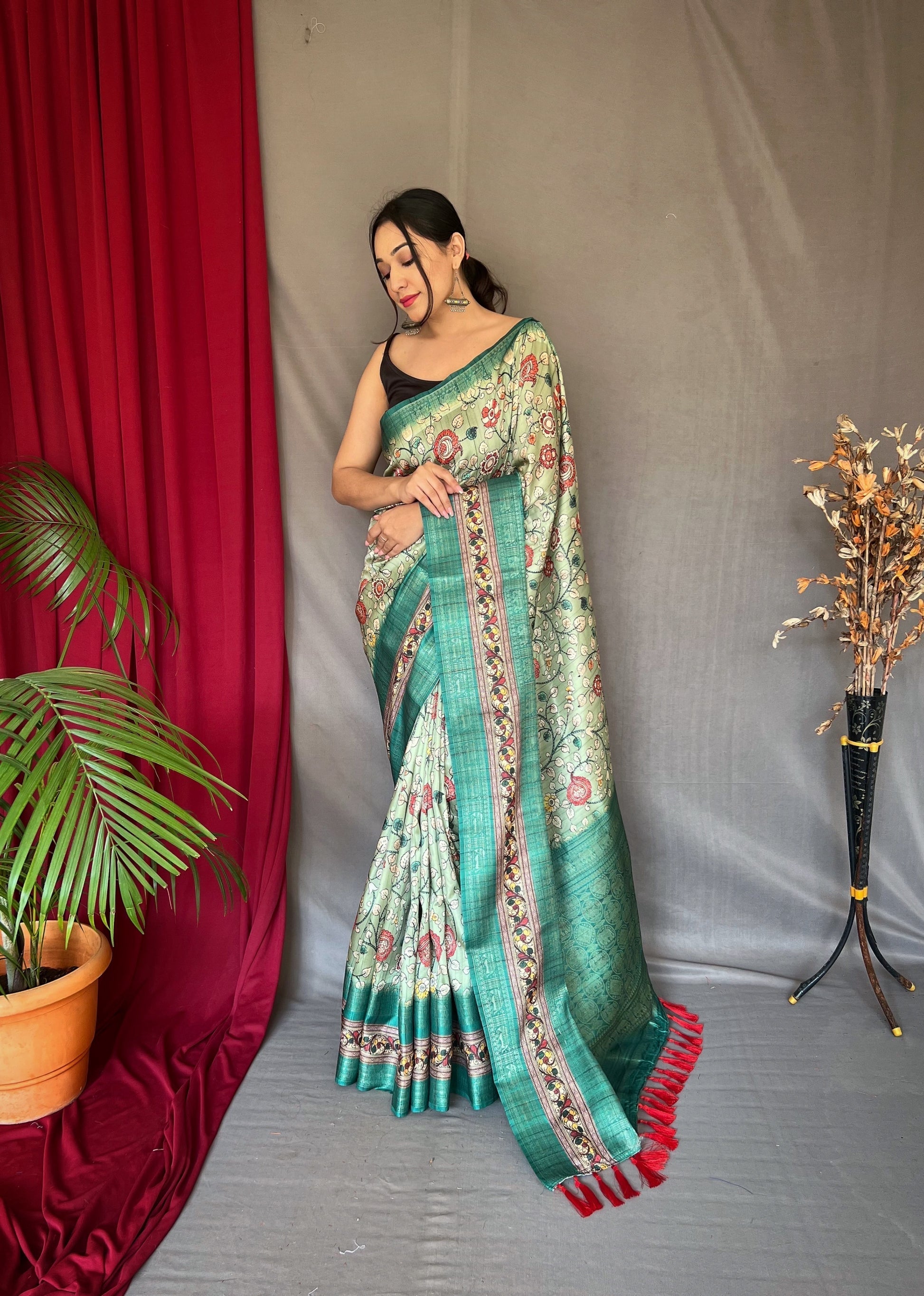 Acapulco Green Banarasi Kalamkari Printed Silk Saree