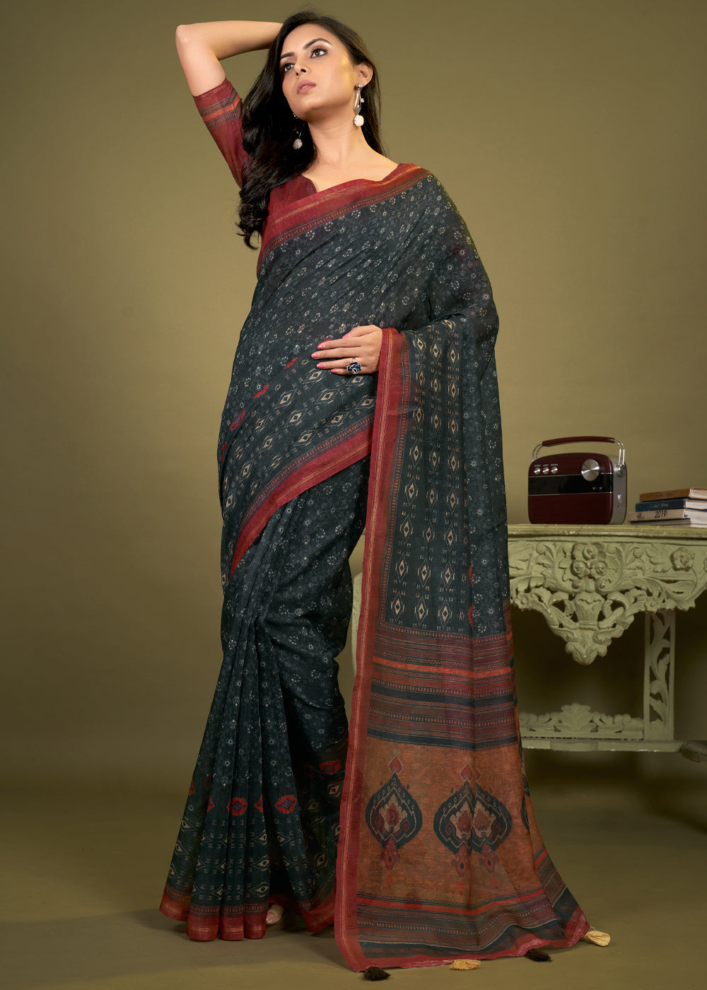 Heavy Metal Black Cotton Patola Printed Silk Saree