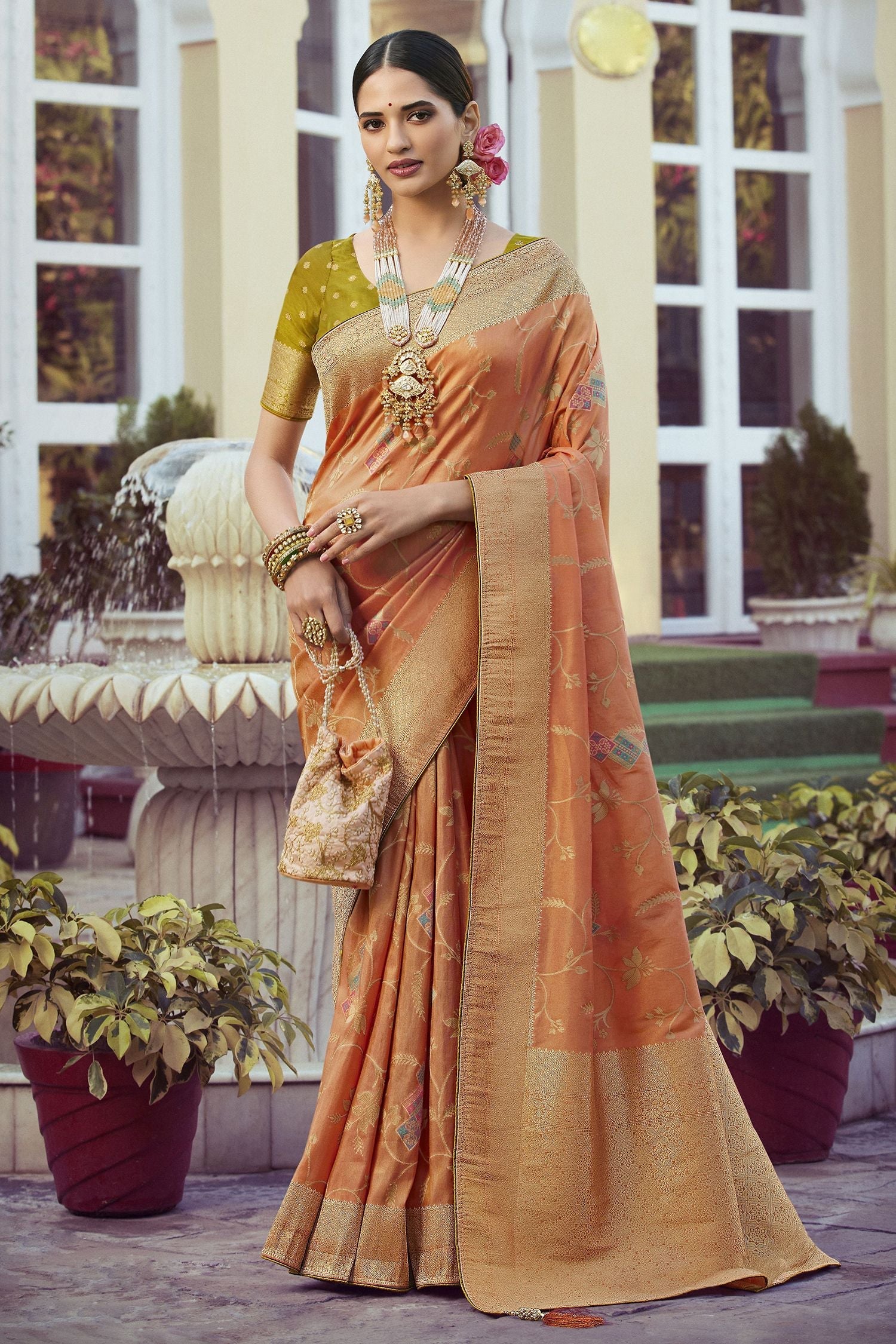 Tacao Orange Woven Designer Banarasi Silk Saree