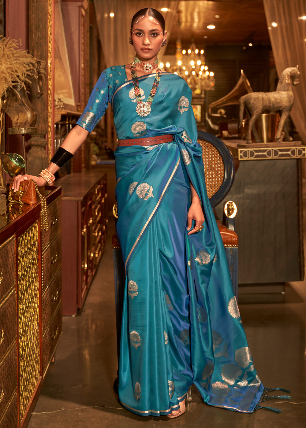 Wedgewood Blue Woven Banarasi Satin Silk Saree