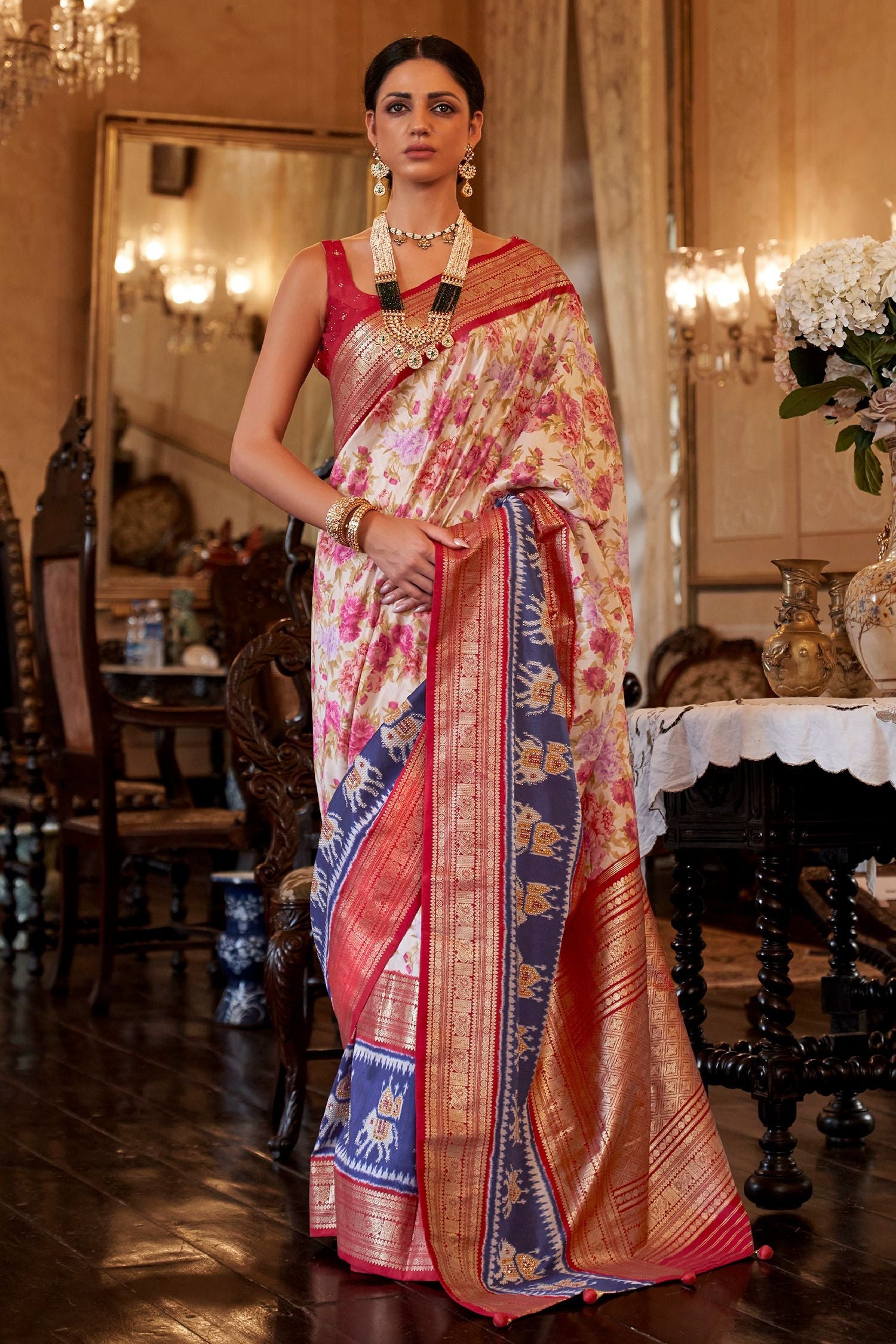 Brandy Cream and Pink Printed Patola Silk Saree