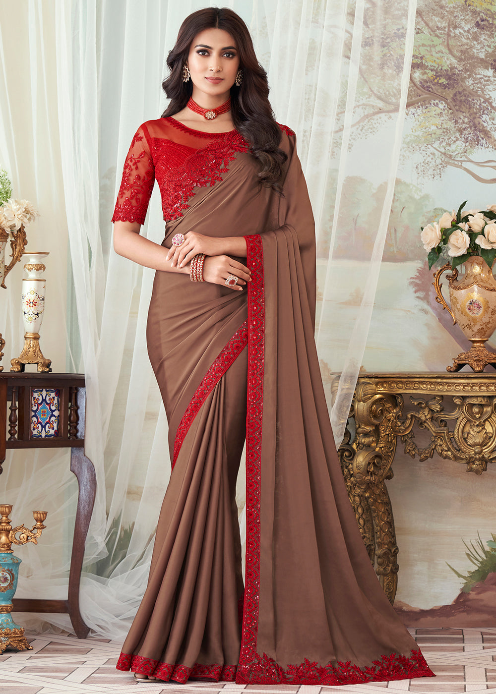 Leather Brown Designer Embroidered Satin Silk Saree